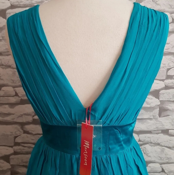 NEW MONSOON 100% Silk turquoise blue Puffball Dress Balloon Hem embellished 10uk - Picture 9 of 14